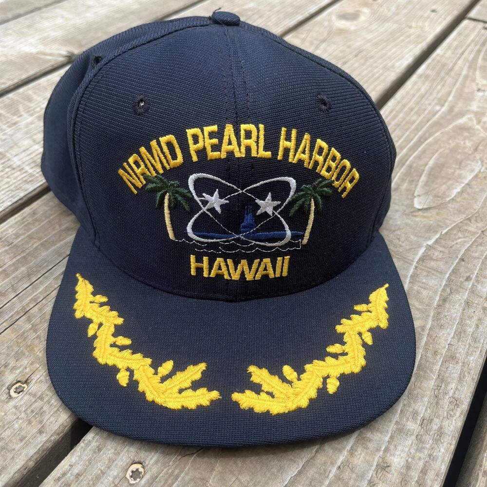 Blue Gold Text Pearl Harbor Cap Hat Snap-Back Adjustments